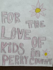 Youth artist's rendering of the message 'For the Love of Perry Kids'