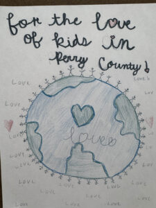 Youth artist's rendering of the message 'For the Love of Perry Kids'