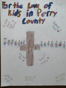 Youth artist's rendering of the message 'For the Love of Perry Kids'