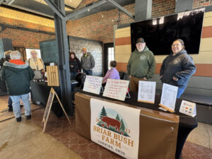 Briar Bush Farm from Corning selling meats and pork cheek bacon at the Ludowici Farmers Market at the Factory of Ideas in New Lexington, Ohio.